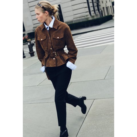 Zara100% Leather Belted Jacket Lapel Collar Flap Pockets