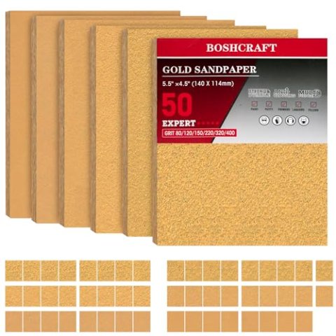 BOSHCRAFT 1/4 Sheet Sandpaper 50-Pack Multi-Grit Aluminum Oxide Assortment