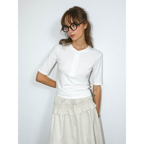 DUNDROP Half Button Fitted Top Round Neck Cotton Blend