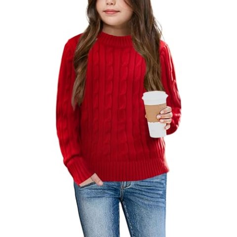 Girls' Cable Knit Crew Neck Long Sleeve Sweater