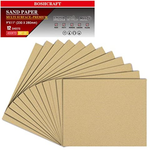 BOSHCRAFT 220 Grit 9x11 Inch Premium Aluminum Oxide Sandpaper 12 Sheets
