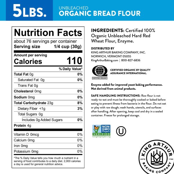 King Arthur 100% Organic Unbleached Bread Flour 5 lb Non-GMO No Preservatives