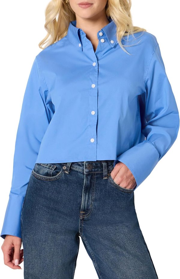 Amazon Essentials Amazon Essentials Women's Oversized Fit Cropped Cotton Stretch Poplin Button-Down Shirt