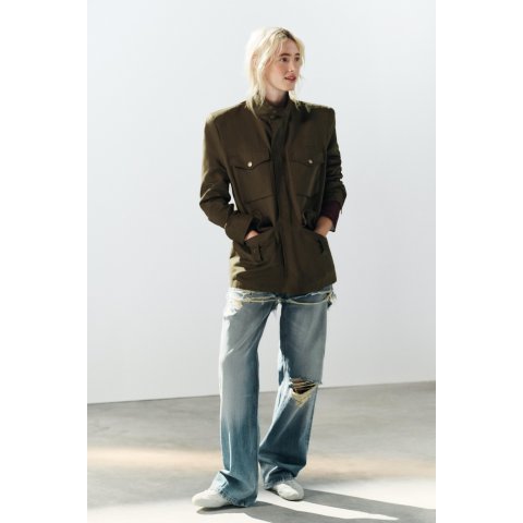 ZaraShoulder Pad Pocket Jacket Stand Collar Long Sleeve