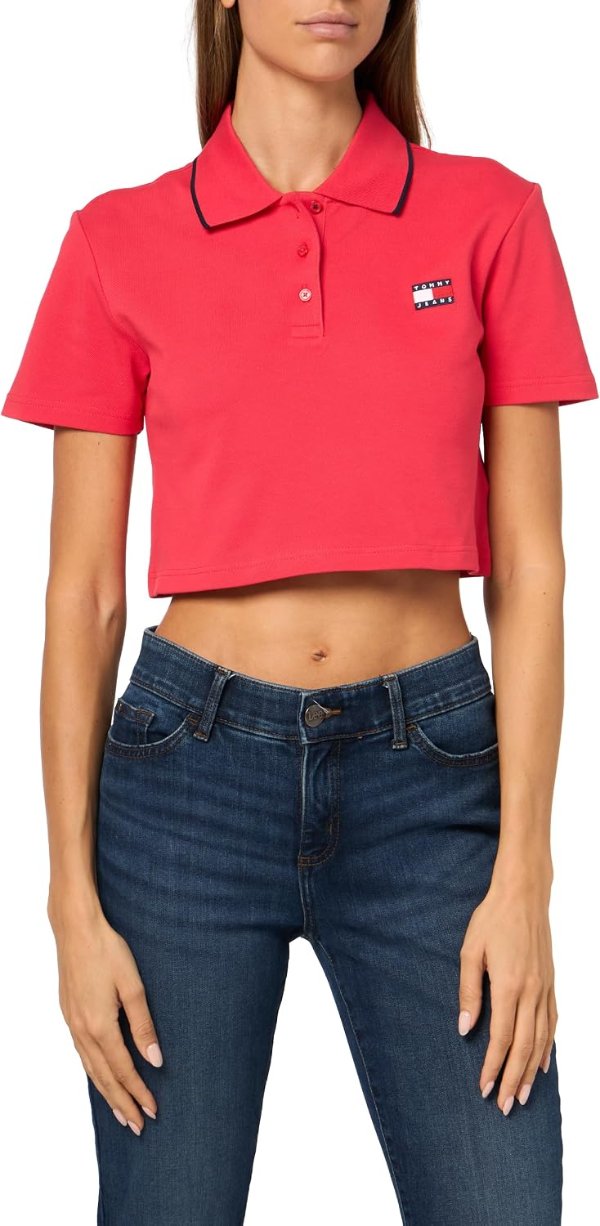 Tommy Jeans 女士短袖棉质徽标短款翻领衫