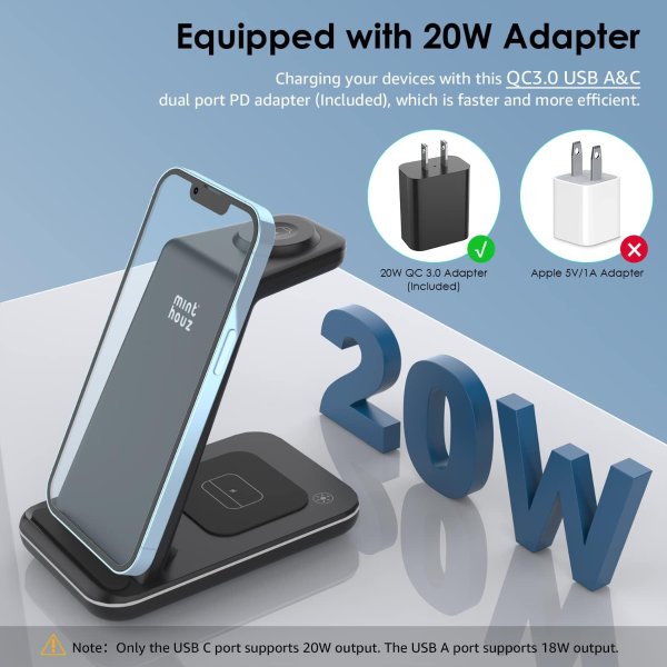 Minthouz 3 in 1 Fast Wireless Charging Station 20W Adapter Compatible with iPhone Apple Watch AirPods