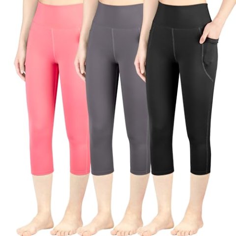 BIG ELEPHANT 3-Pack Girls High Waist Capri Leggings with Pocket