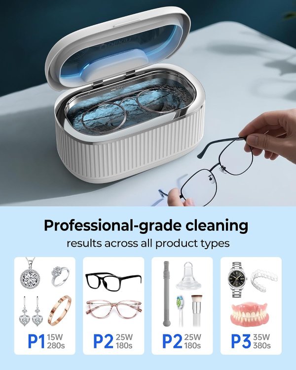 onlikin Ultrasonic Jewelry Cleaner 45KHz 35W 20oz Stainless Steel Tank 5 Timer Modes