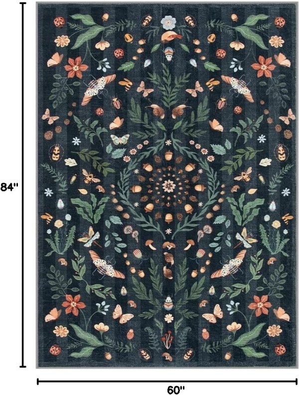 Lahome Washable Botanical Insect Pattern Area Rug 5x7 Non-Slip Faux Wool for Living Room Bedroom