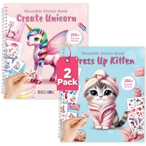 BSCOOL Reusable Sticker Book for Girls Unicorn & Kitten 2 Pack