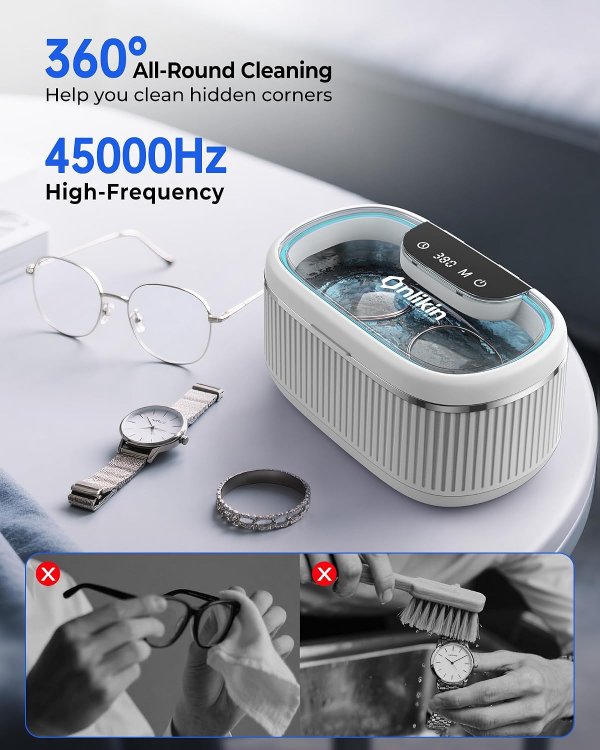 onlikin Ultrasonic Jewelry Cleaner 45KHz 35W 20oz Stainless Steel Tank 5 Timer Modes