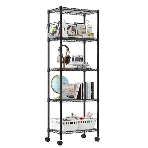 Homdox 5-Tier Adjustable Metal Shelving Unit on Wheels with Side Hooks
