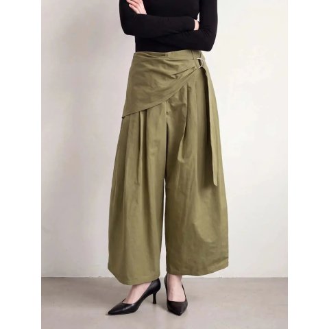 URBAN REVIVO Wrap Pleated Mid-rise Cotton Wide-leg Pants