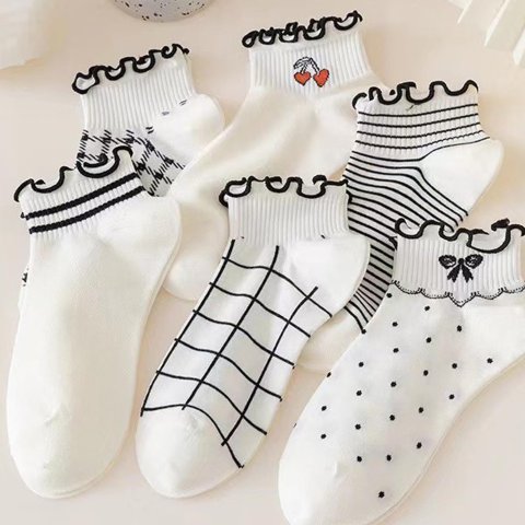 CHUNFO Womens Cotton Ruffle Ankle Socks Striped Bows Argyle Dots Crew Size 5-9 6-11