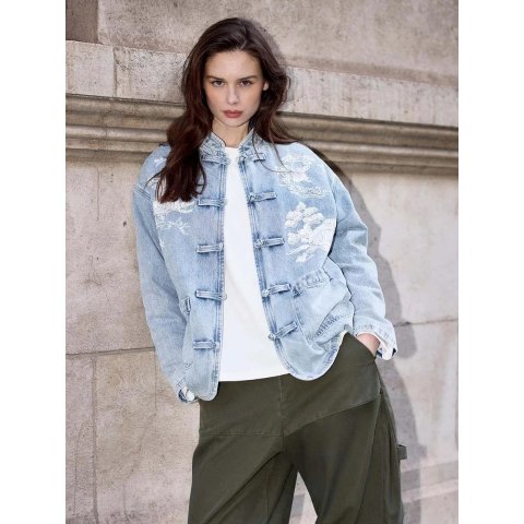 URBAN REVIVO Frog Button Embroidered Denim Jacket Cotton