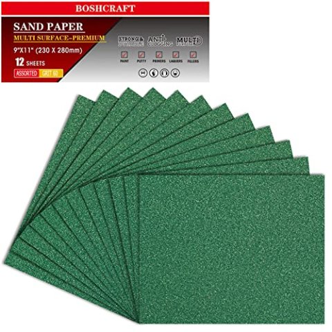 BOSHCRAFT 60 Grit 9"x11" Aluminum Oxide Sandpaper 12 Sheets for Wood Metal