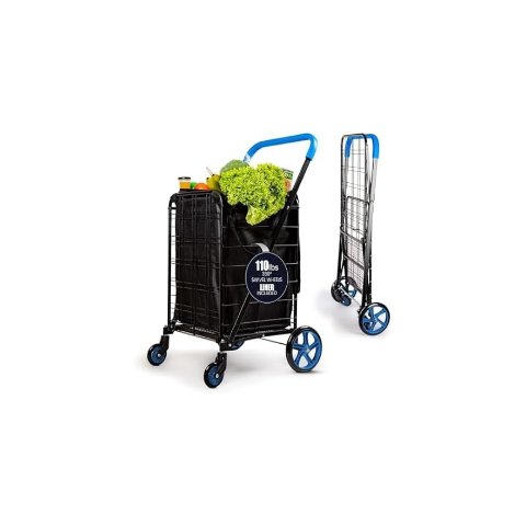 SereneLife Large Folding Utility Shopping Cart with Removable Liner, 110 lb Capacity, Heavy Duty, 360° Swivel Wheels