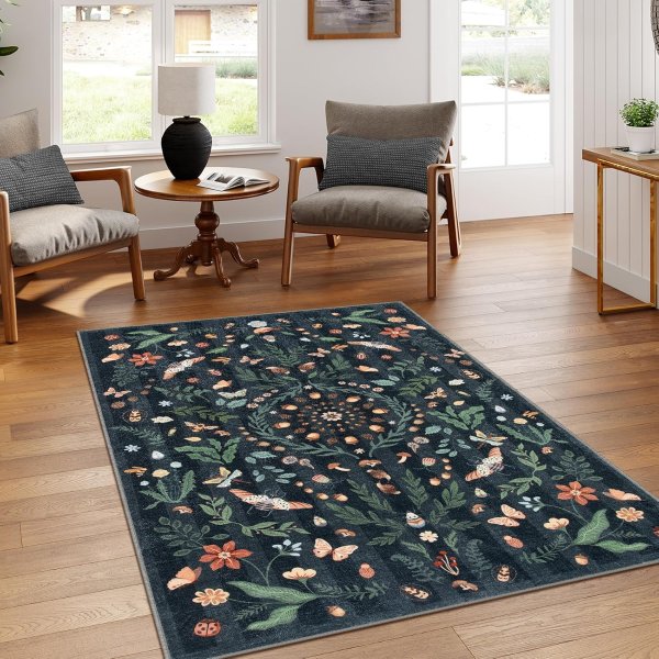 Lahome Washable Botanical Insect Pattern Area Rug 5x7 Non-Slip Faux Wool for Living Room Bedroom