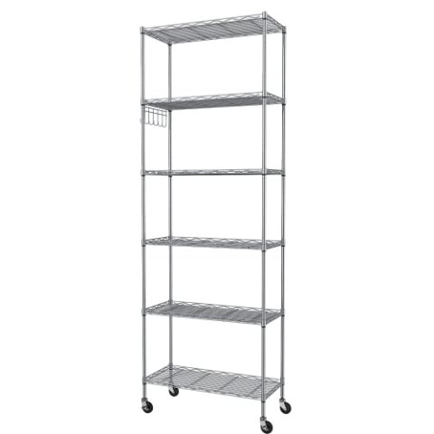 Homdox 6-Tier Wire Shelving Unit with Caster Wheels Stainless Side Hooks