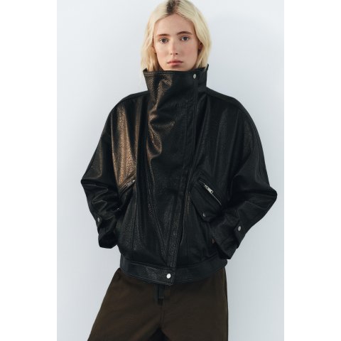 ZaraFaux Leather Biker Jacket High Collar Long Sleeve