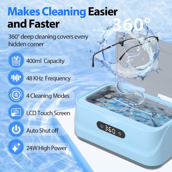 Klivvio Ultrasonic Jewelry Cleaner 48kHz Portable 13.5oz for Home and Travel