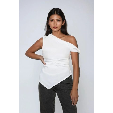 FOREVER 21单肩不对称褶皱上衣