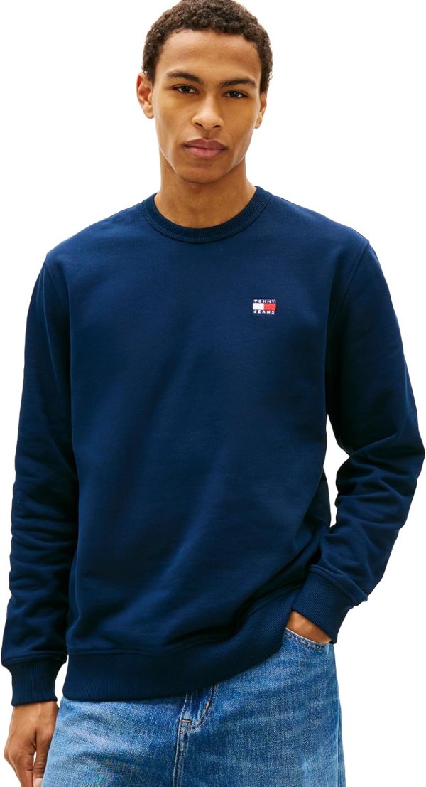 Tommy Jeans Men's Medium Weight Crewneck Sweatshirt with Embroidered Flag Logo