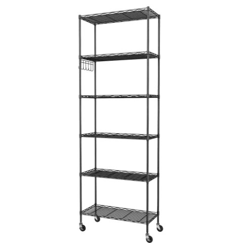 Homdox 6-Tier Wire Shelving Unit with Caster Wheels and Stainless Side Hooks