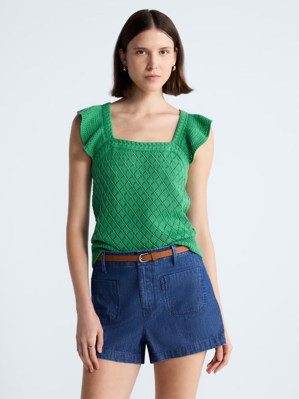 Women's Square Neck Cotton Sweater with Flutter Sleeves XS-4X