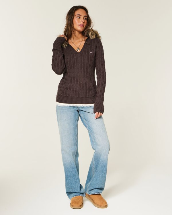 Hollister Women's Faux Fur Trim Hooded Cable-Knit Sweater
