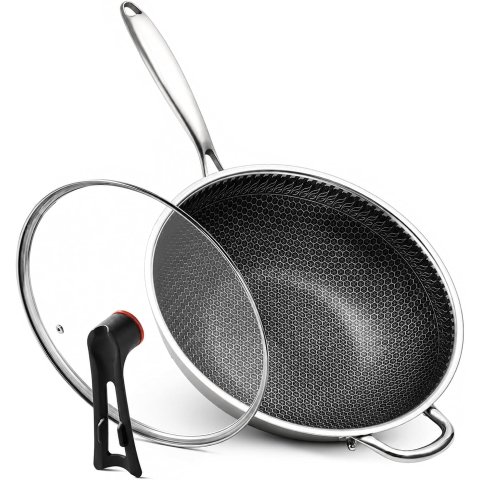 WANGYUANJI 12.6 Inch Stainless Steel Honeycomb Hybrid Nonstick Wok with Lid TriPly for Induction Dishwasher Safe