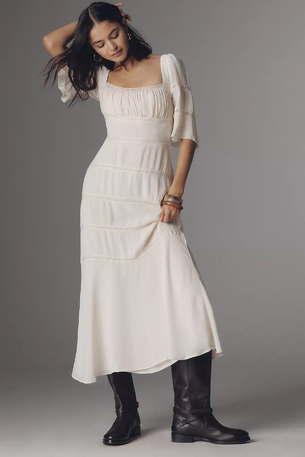  Laverna Smocked Bell-Sleeve Midi Dress