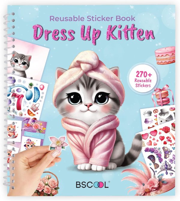 BSCOOL Sticker Dress Up Book for Girls Kitten Activity 300+ Reusable Stickers Ages 5-8