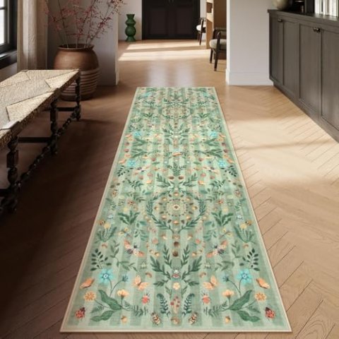 Lahome Washable Boho Botanical Runner Rug 2'6"x8 Soft Faux Wool Non-Slip