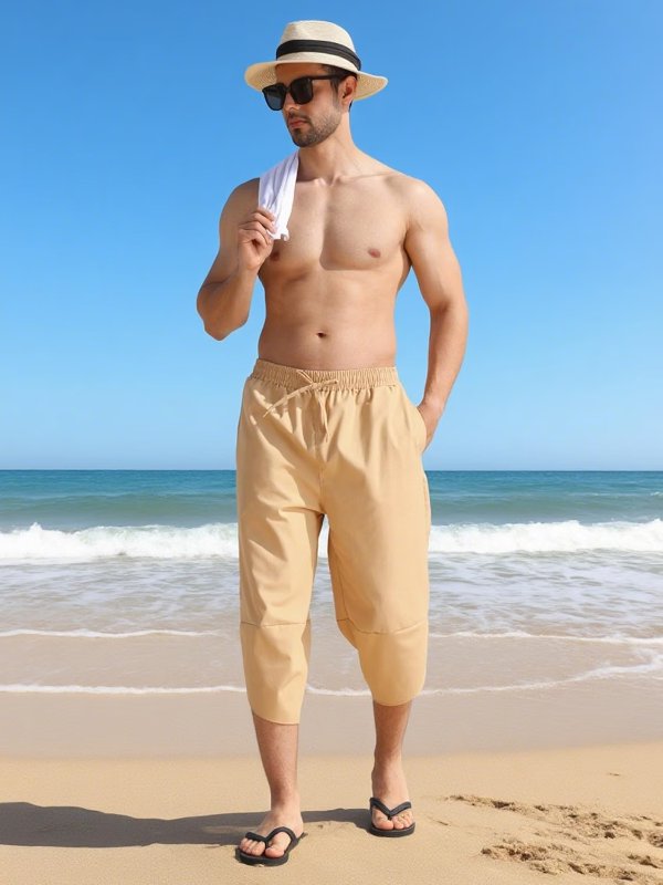 Men's Linen Yoga Capri Pants Casual Loose 3/4 Harem Elastic Drawstring Summer Trousers