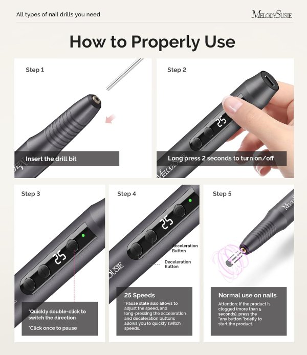 MelodySusie PC180G Portable Cordless Nail Drill 25000RPM with LED Display