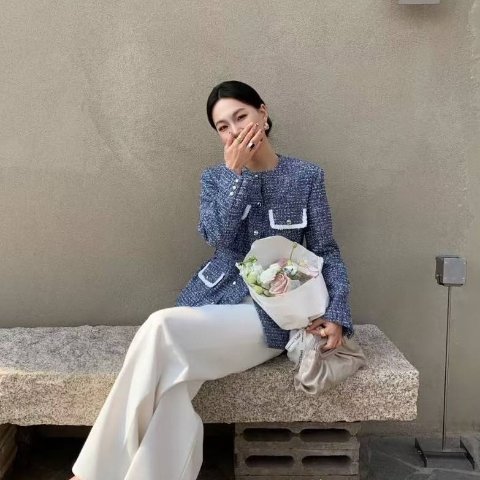 静谧蓝粗花呢！Maje 粗花呢夹克 4口袋 蓝色 女款