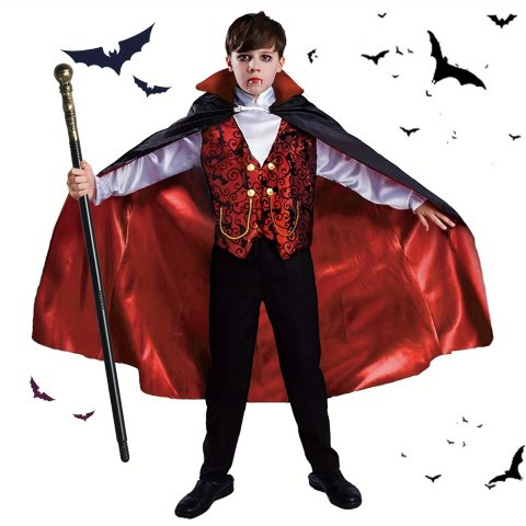 Kids Vampire Costume Set with Cape, Shirt, Pants & Wand for Boys & Girls Ages 3-9 Halloween Party Cosplay