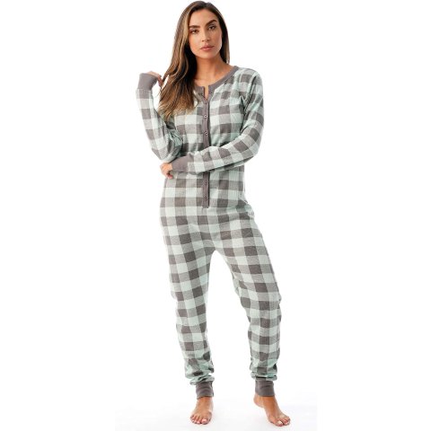 followme Womens Henley Thermal Onesie Pajama Set