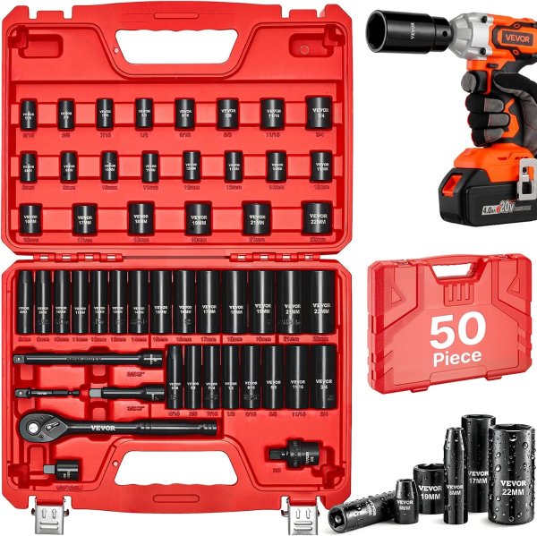 VEVOR 3/8" Drive Impact Socket Set 50-Piece Deep & Shallow Kit