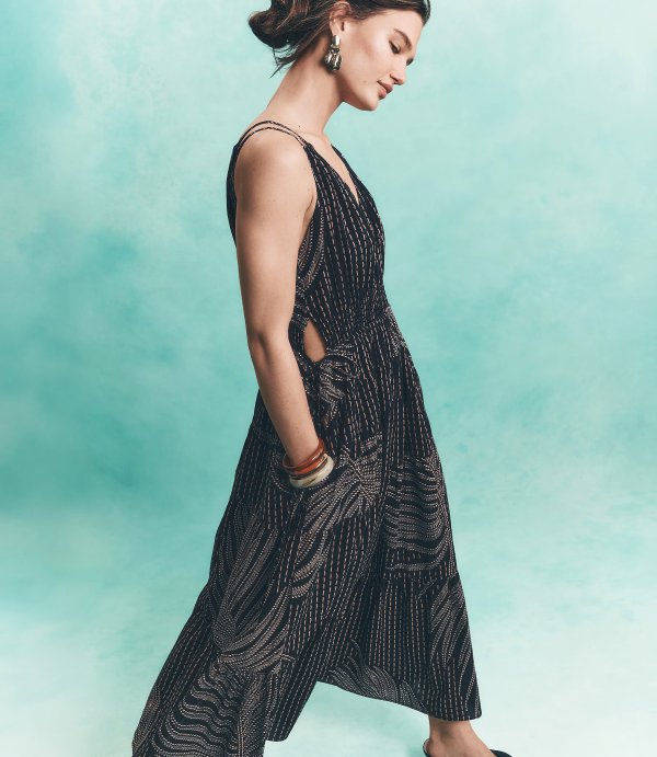 Palm Tie Cutout Midi Pocket Dress with Pockets