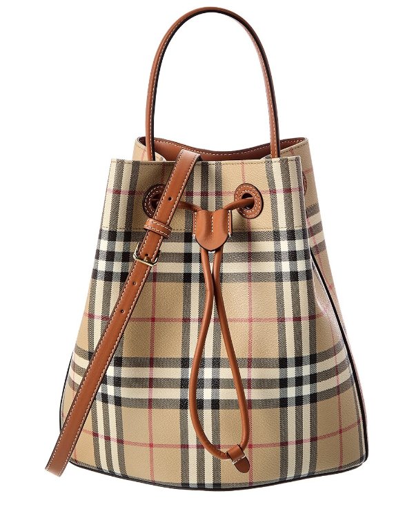 Small Check Coated Canvas & Leather Bucket Bag