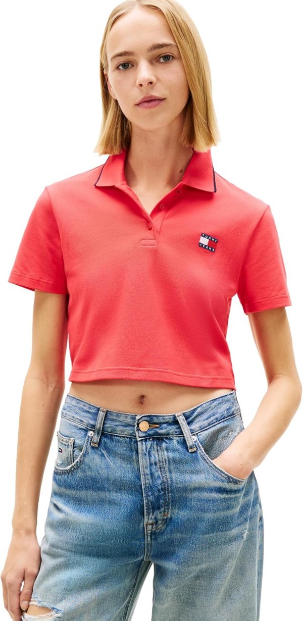Tommy Jeans 女士短袖棉质徽标短款翻领衫