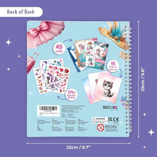 BSCOOL Sticker Dress Up Book for Girls Kitten Activity 300+ Reusable Stickers Ages 5-8