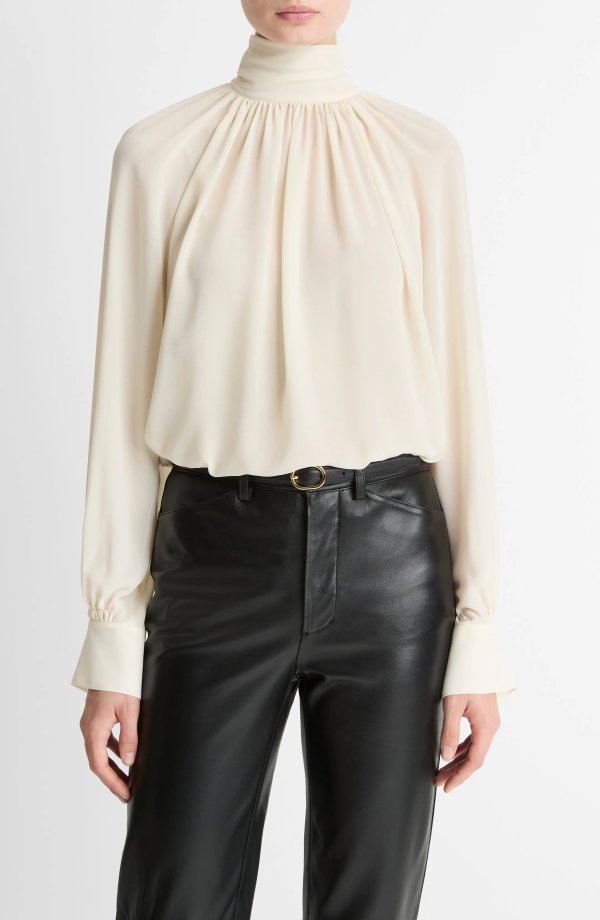 Vince Draped Ruffle Mock Neck Crepe Top for Women