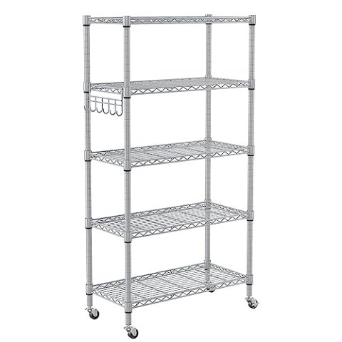Homdox 5-Tier Adjustable Metal Storage Rack with Side Hooks Heavy Duty Shelving