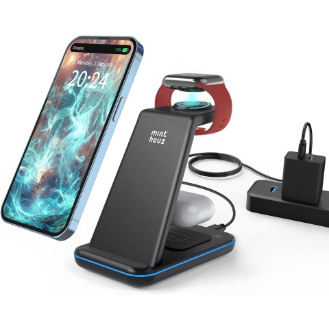 Minthouz 3 in 1 Fast Wireless Charging Station 20W Adapter Compatible with iPhone Apple Watch AirPods