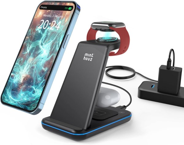Minthouz 3 in 1 Fast Wireless Charging Station 20W Adapter Compatible with iPhone Apple Watch AirPods