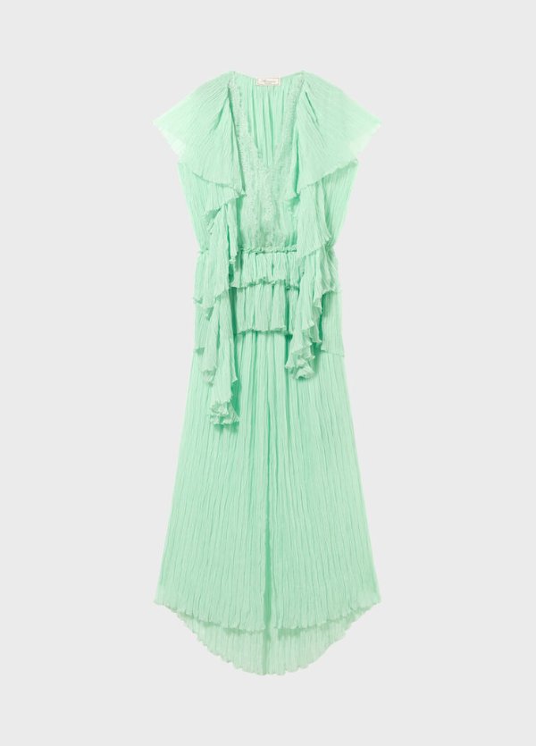 Long Pleated Georgette Dress with Lace Insert