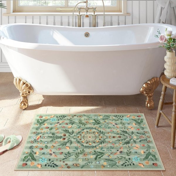 Lahome 2x3 Washable Botanical Insect Area Rug NonSlip Low Pile Faux Wool